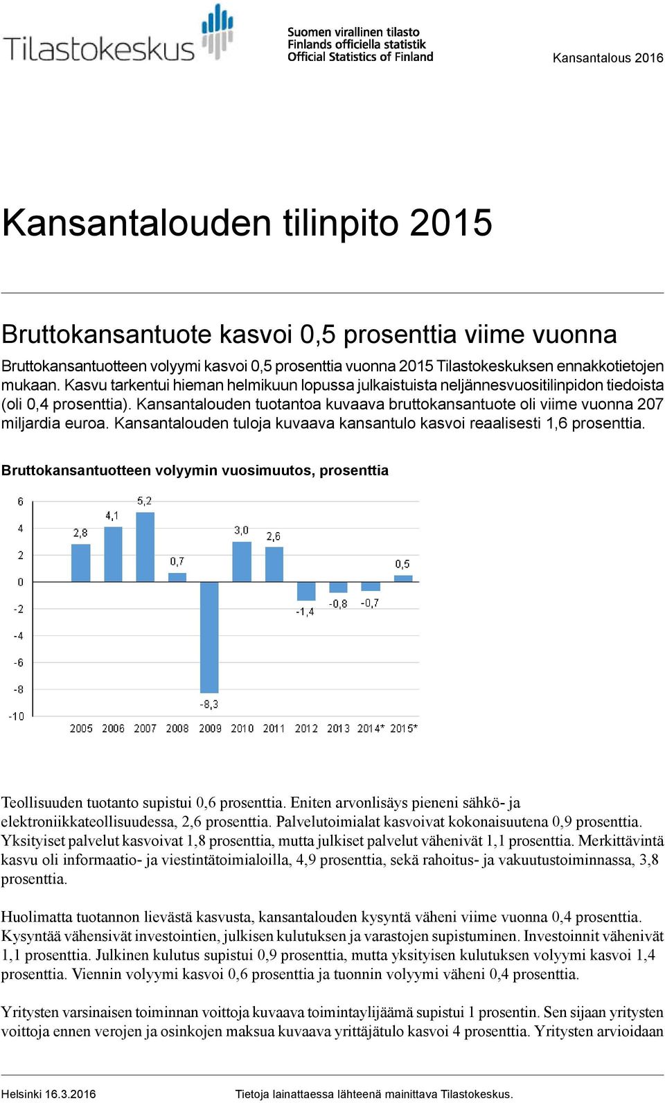 Kansantalouden tuotantoa kuvaava bruttokansantuote oli viime vuonna 207 miljardia euroa. Kansantalouden tuloja kuvaava kansantulo kasvoi reaalisesti 1,6 prosenttia.