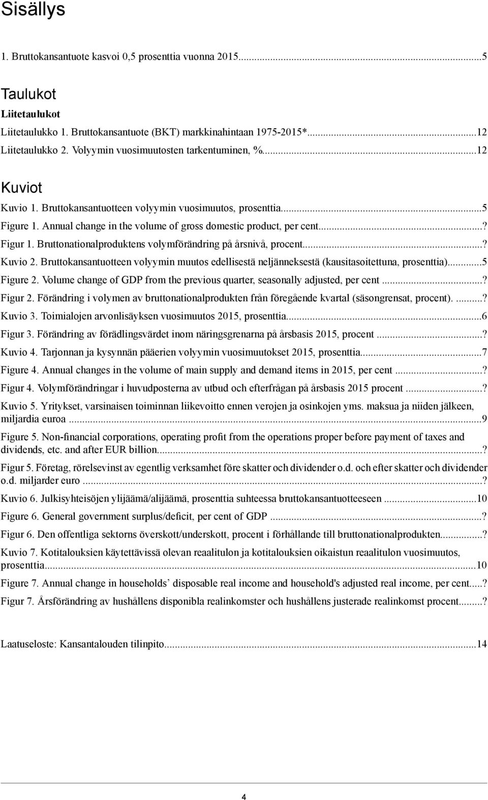 ..? Figur 1. Bruttonationalproduktens volymförändring på årsnivå, procent...? Kuvio 2. Bruttokansantuotteen volyymin muutos edellisestä neljänneksestä (kausitasoitettuna, prosenttia)...5 Figure 2.