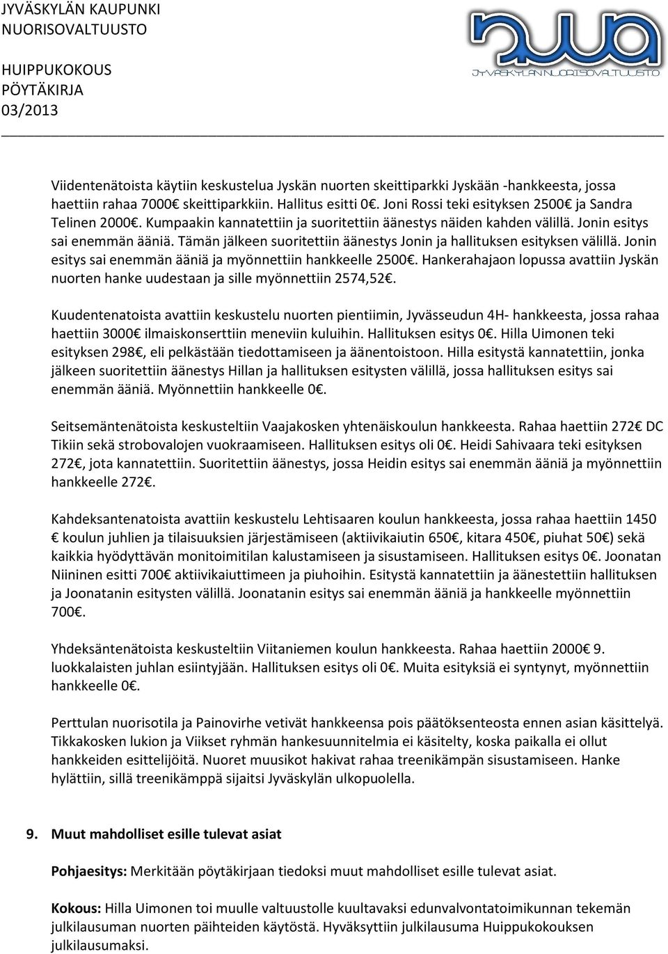 Tämän jälkeen suoritettiin äänestys Jonin ja hallituksen esityksen välillä. Jonin esitys sai enemmän ääniä ja myönnettiin hankkeelle 2500.