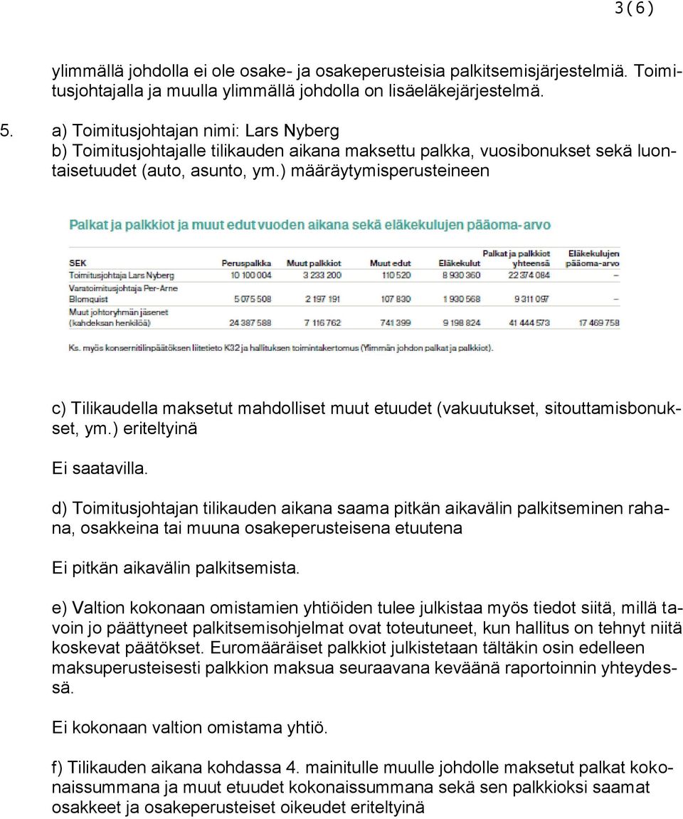 ) määräytymisperusteineen c) Tilikaudella maksetut mahdolliset muut etuudet (vakuutukset, sitouttamisbonukset, ym.) eriteltyinä Ei saatavilla.