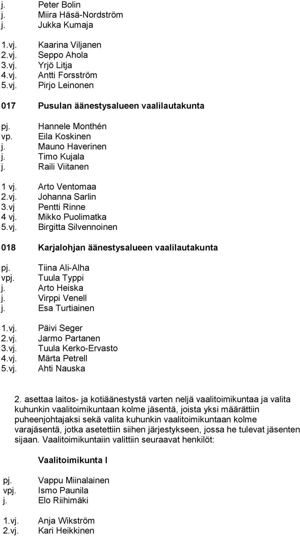 Mikko Puolimatka Birgitta Silvennoinen 018 Karjalohjan äänestysalueen vaalilautakunta pj. Tiina Ali-Alha vpj. Tuula Typpi j. Arto Heiska j. Virppi Venell j.