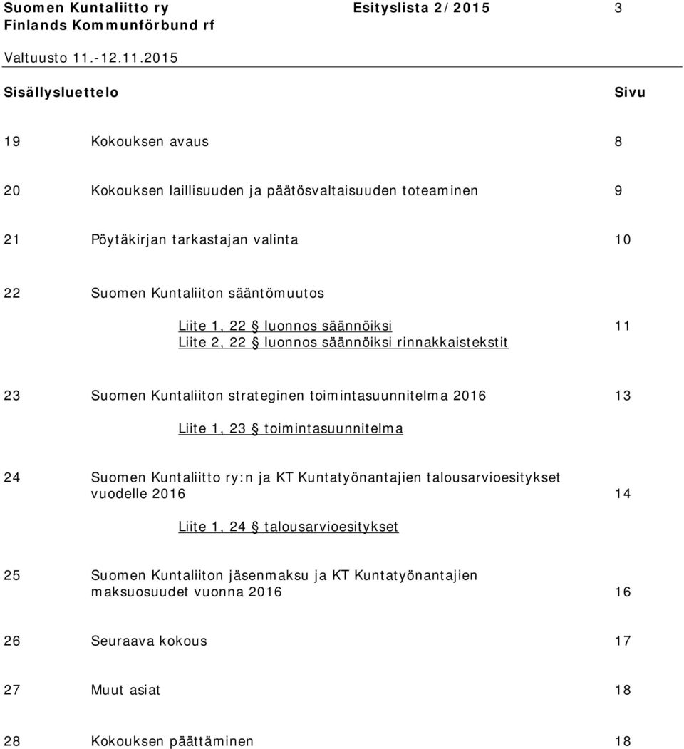 strateginen toimintasuunnitelma 2016 13 Liite 1, 23 toimintasuunnitelma 24 Suomen Kuntaliitto ry:n ja KT Kuntatyönantajien talousarvioesitykset vuodelle 2016 14 Liite