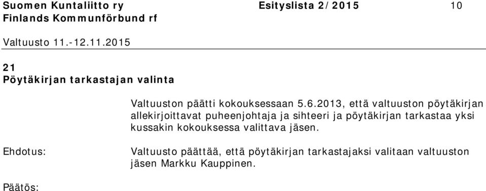 2013, että valtuuston pöytäkirjan allekirjoittavat puheenjohtaja ja sihteeri ja pöytäkirjan