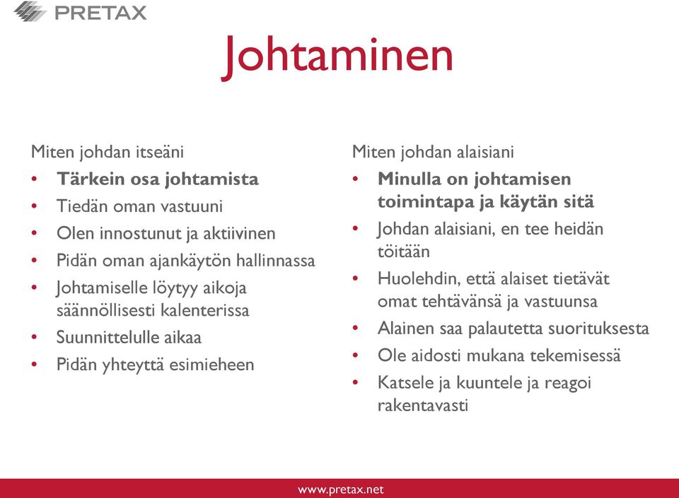 alaisiani Minulla on johtamisen toimintapa ja käytän sitä Johdan alaisiani, en tee heidän töitään Huolehdin, että alaiset tietävät