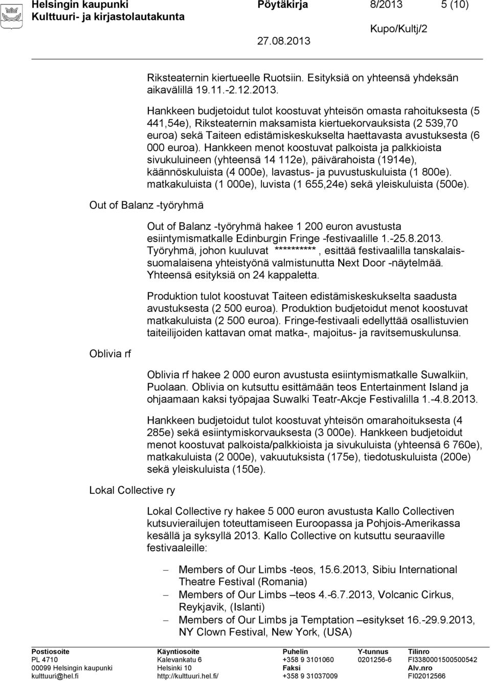 Hankkeen budjetoidut tulot koostuvat yhteisön omasta rahoituksesta (5 441,54e), Riksteaternin maksamista kiertuekorvauksista (2 539,70 euroa) sekä Taiteen edistämiskeskukselta haettavasta