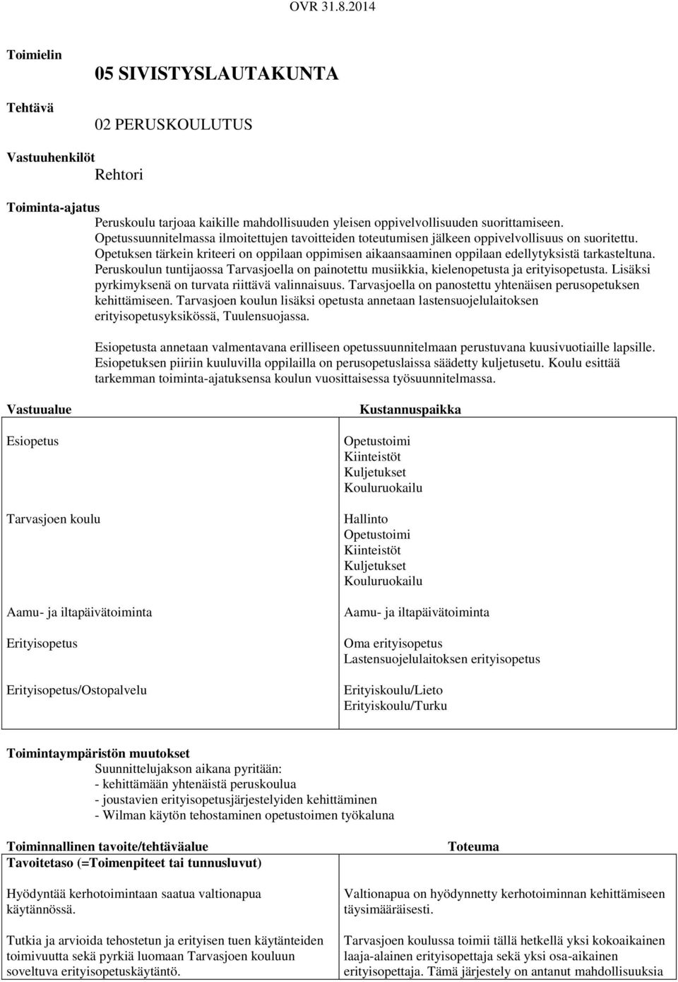 Opetuksen tärkein kriteeri on oppilaan oppimisen aikaansaaminen oppilaan edellytyksistä tarkasteltuna. Peruskoulun tuntijaossa Tarvasjoella on painotettu musiikkia, kielenopetusta ja erityisopetusta.
