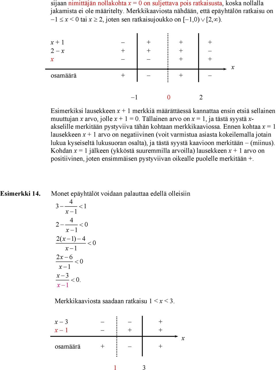 + 1 + + + 2 + + + + + osamäärä + + 1 0 2 Esimerkiksi lausekkeen + 1 merkkiä määrättäessä kannattaa ensin etsiä sellainen muuttujan arvo, jolle + 1 = 0.