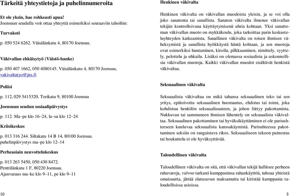 Torikatu 9, 80100 Joensuu Joensuun seudun sosiaalipäivystys p. 112. Ma pe klo 16 24, la su klo 12 24 Kriisikeskus p. 013 316 244. Siltakatu 14 B 14, 80100 Joensuu.