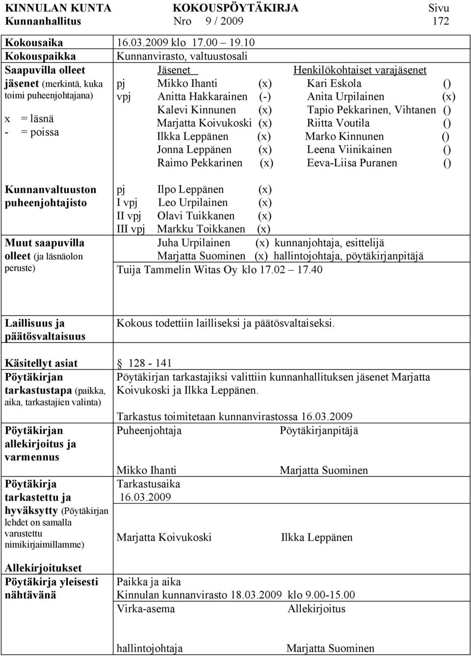 () vpj Anitta Hakkarainen (-) Anita Urpilainen (x) Kalevi Kinnunen (x) Tapio Pekkarinen, Vihtanen () Marjatta Koivukoski (x) Riitta Voutila () Ilkka Leppänen (x) Marko Kinnunen () Jonna Leppänen (x)