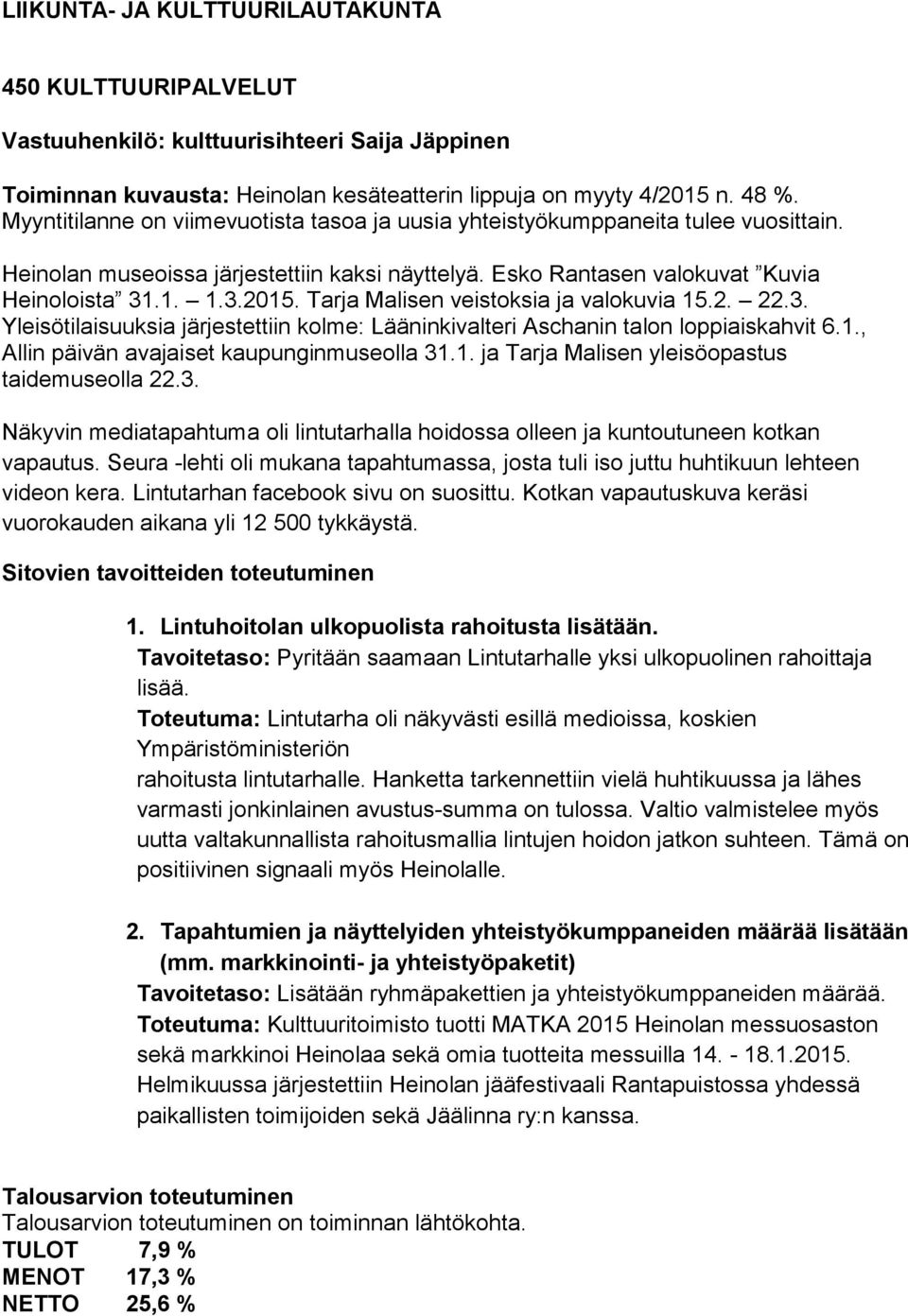Tarja Malisen veistoksia ja valokuvia 15.2. 22.3. Yleisötilaisuuksia järjestettiin kolme: Lääninkivalteri Aschanin talon loppiaiskahvit 6.1., Allin päivän avajaiset kaupunginmuseolla 31.1. ja Tarja Malisen yleisöopastus taidemuseolla 22.