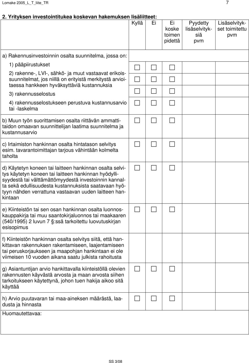 1) pääpiirustukset 2) rakenne-, LVI-, sähkö- ja muut vastaavat erikoissuunnitelmat, jos niillä on erityistä merkitystä arvioitaessa hankkeen hyväksyttäviä kustannuksia 3) rakennusselostus 4)