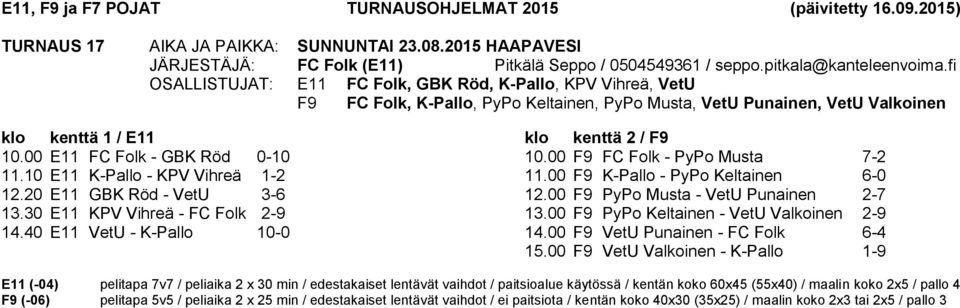 00 E11 FC Folk - GBK Röd 0-10 11.10 E11 K-Pallo - KPV Vihreä 1-2 12.20 E11 GBK Röd - VetU 3-6 13.30 E11 KPV Vihreä - FC Folk 2-9 14.40 E11 VetU - K-Pallo 10-0 10.