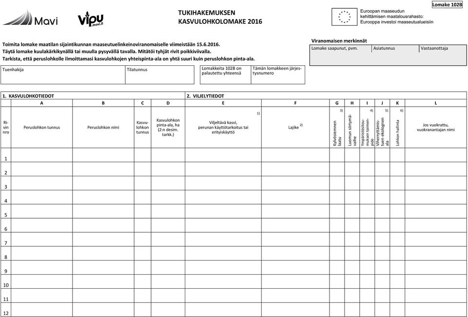 Asiatunnus Vastaanottaja Tuenhakija Tilatunnus Lomakkeita 102B on palautettu yhteensä Tämän lomakkeen järjestysnumero 1. KASVULOHKOTIEDOT 2.