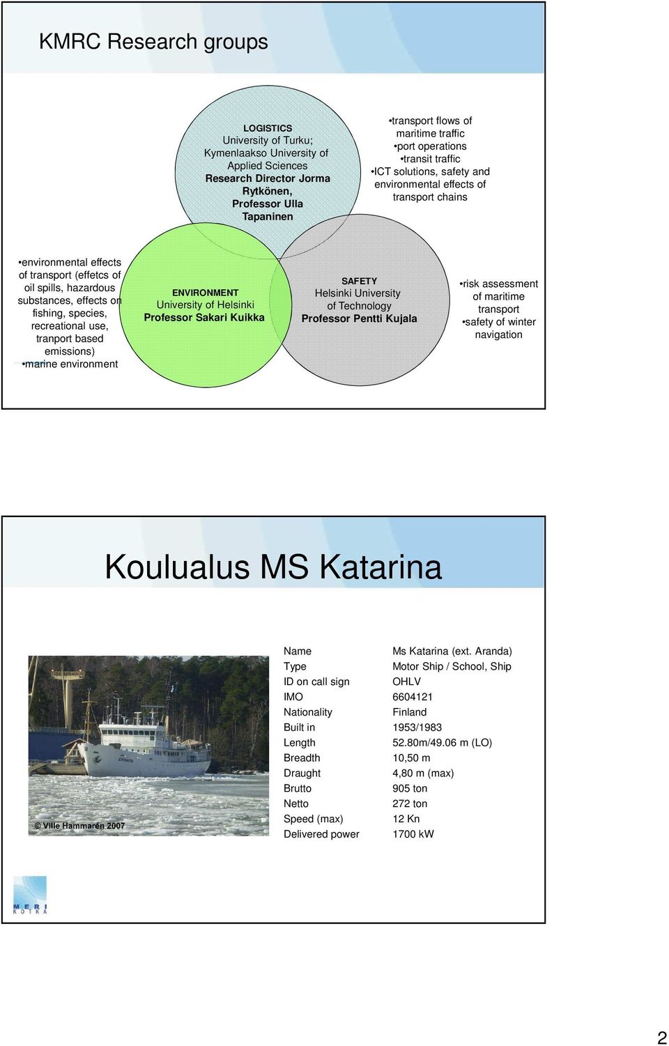 species, recreational use, tranport based emissions) marine environment ENVIRONMENT University of Helsinki Professor Sakari Kuikka SAFETY Helsinki University of Technology Professor Pentti Kujala