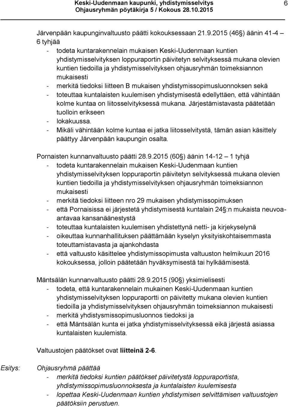 yhdistymisselvityksen ohjausryhmän toimeksiannon mukaisesti - merkitä tiedoksi liitteen B mukaisen yhdistymissopimusluonnoksen sekä - toteuttaa kuntalaisten kuulemisen yhdistymisestä edellyttäen,