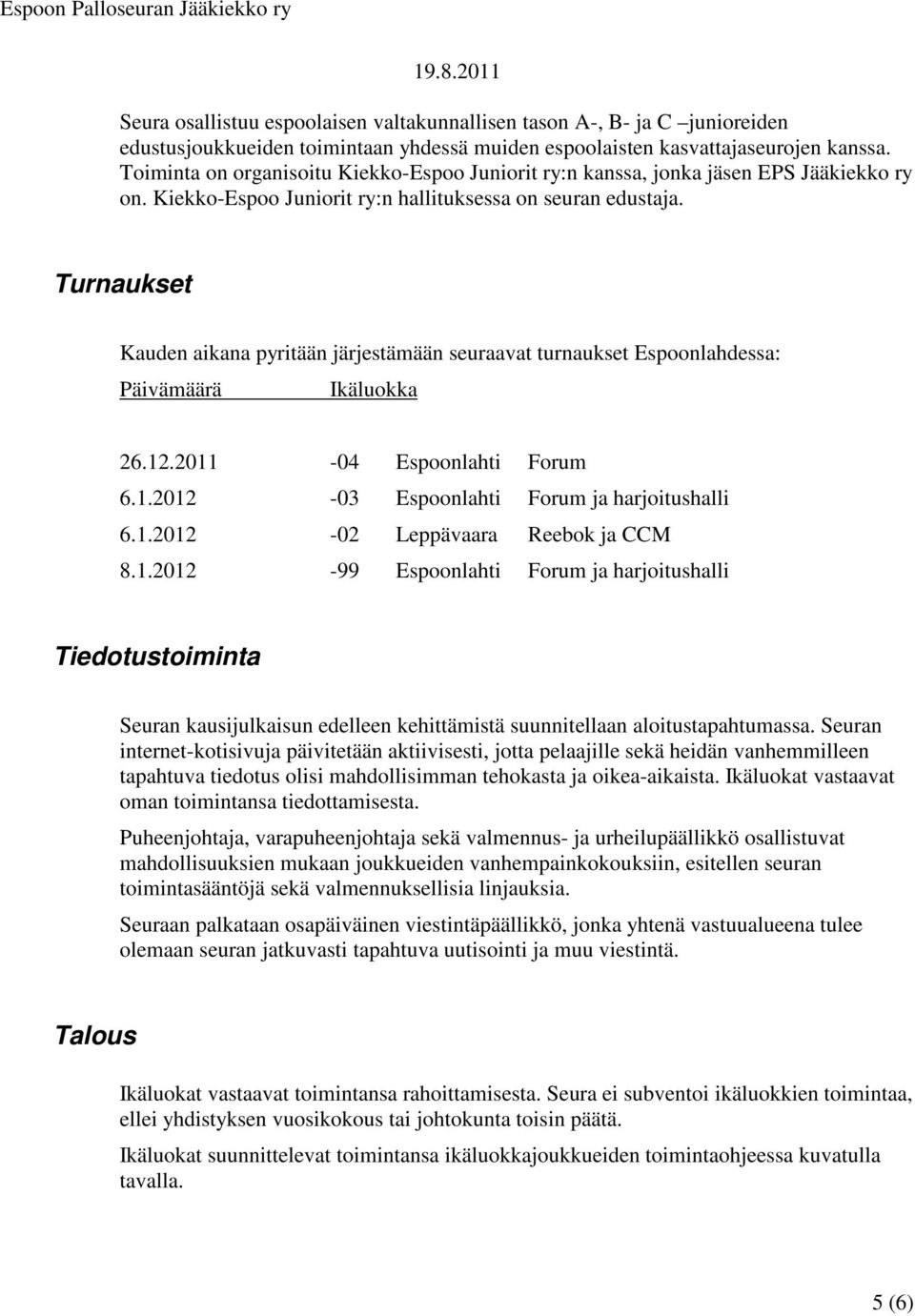 Turnaukset Kauden aikana pyritään järjestämään seuraavat turnaukset Espoonlahdessa: Päivämäärä Ikäluokka 26.12.2011-04 Espoonlahti Forum 6.1.2012-03 Espoonlahti Forum ja harjoitushalli 6.1.2012-02 Leppävaara Reebok ja CCM 8.
