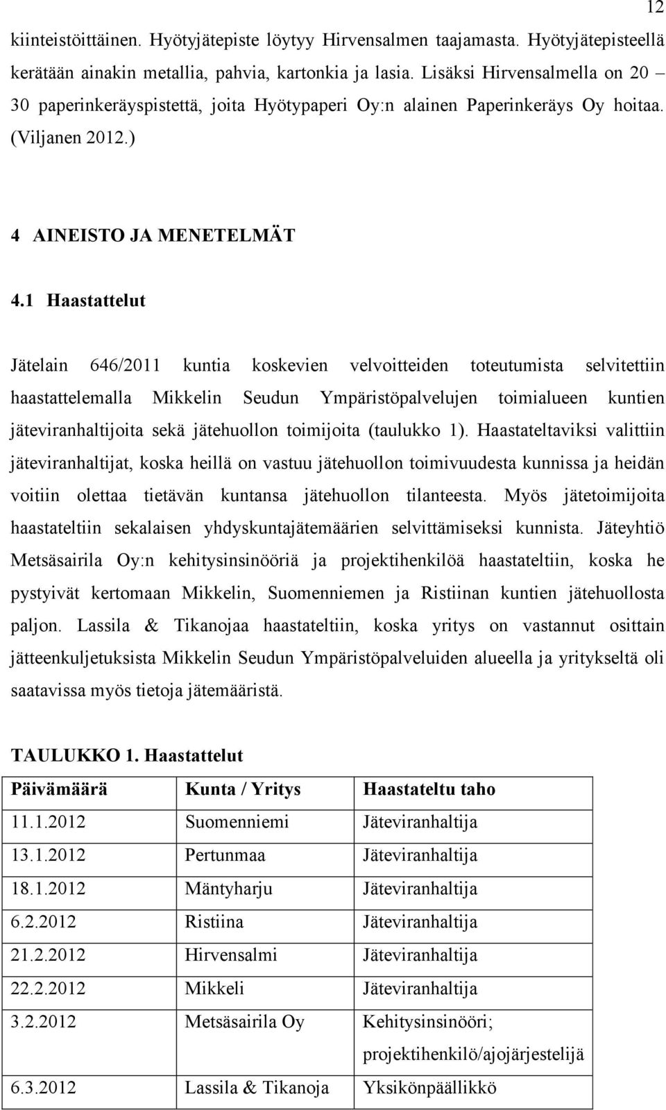 1 Haastattelut Jätelain 646/2011 kuntia koskevien velvoitteiden toteutumista selvitettiin haastattelemalla Mikkelin Seudun Ympäristöpalvelujen toimialueen kuntien jäteviranhaltijoita sekä jätehuollon