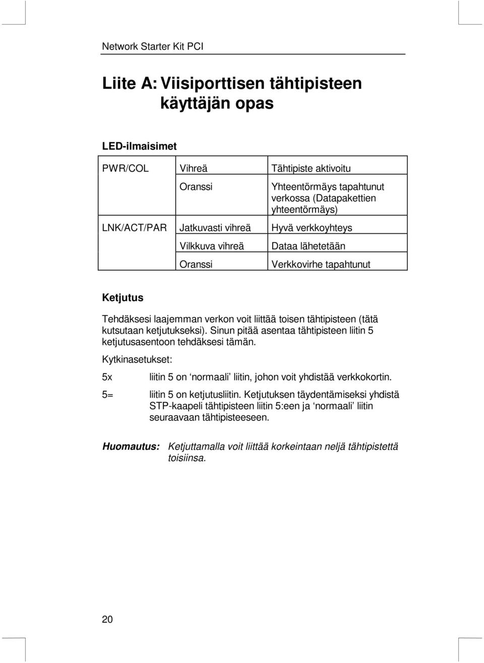 ketjutukseksi). Sinun pitää asentaa tähtipisteen liitin 5 ketjutusasentoon tehdäksesi tämän. Kytkinasetukset: 5x liitin 5 on normaali liitin, johon voit yhdistää verkkokortin.