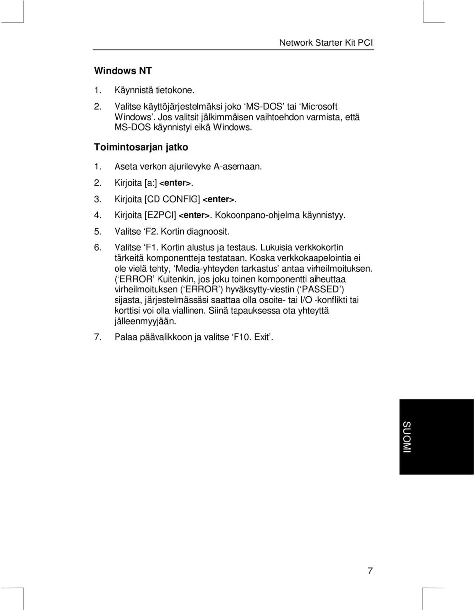 Kortin diagnoosit. 6. Valitse F1. Kortin alustus ja testaus. Lukuisia verkkokortin tärkeitä komponentteja testataan.