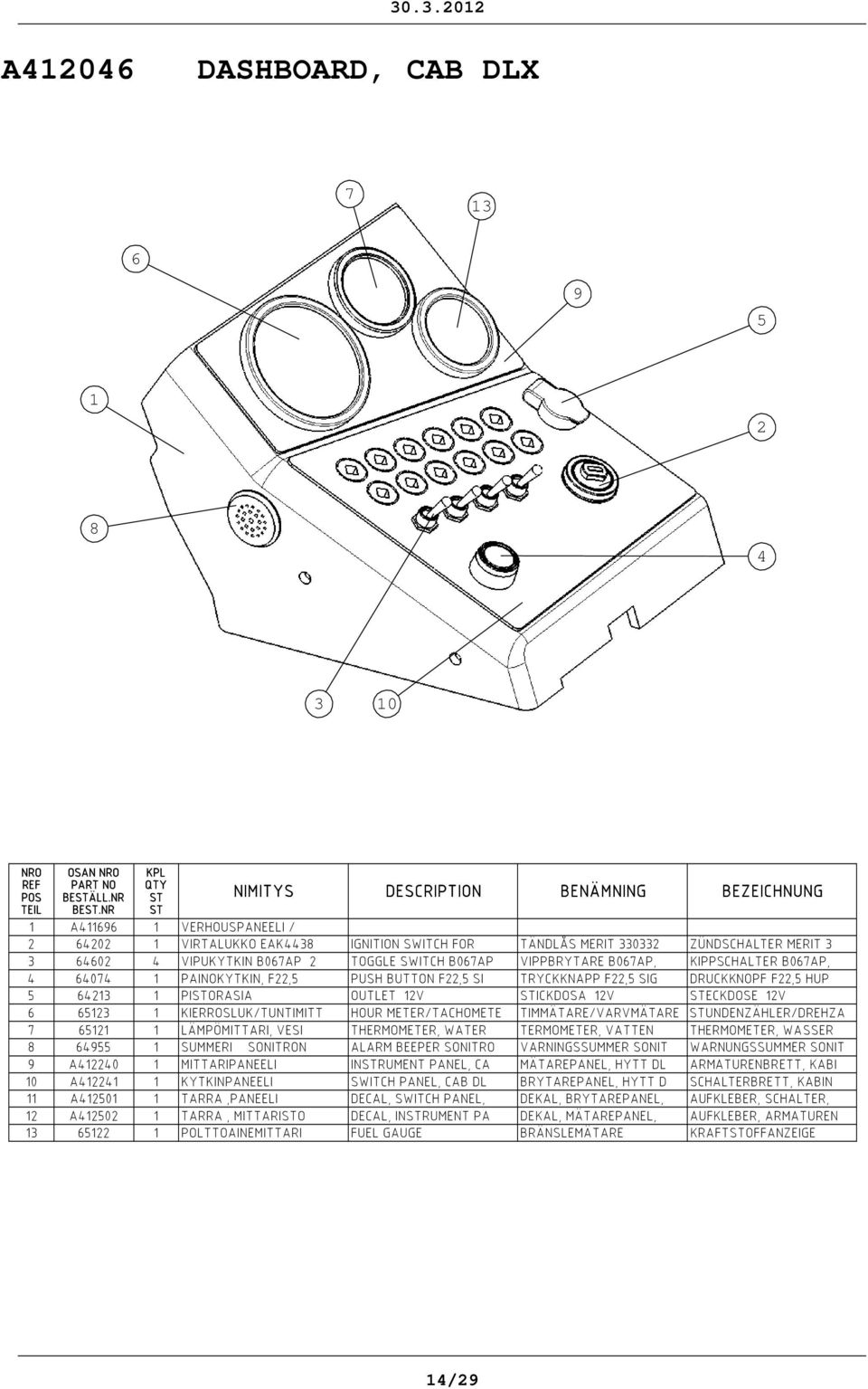 607 1 PAINOKYTKIN, F22,5 PUSH BUTTON F22,5 SI TRYCKKNAPP F22,5 SIG DRUCKKNOPF F22,5 HUP 5 621 1 PIORASIA OUTLET 12V ICKDOSA 12V ECKDOSE 12V 6 6512 1 KIERROSLUK/TUNTIMITT HOUR METER/TACHOMETE