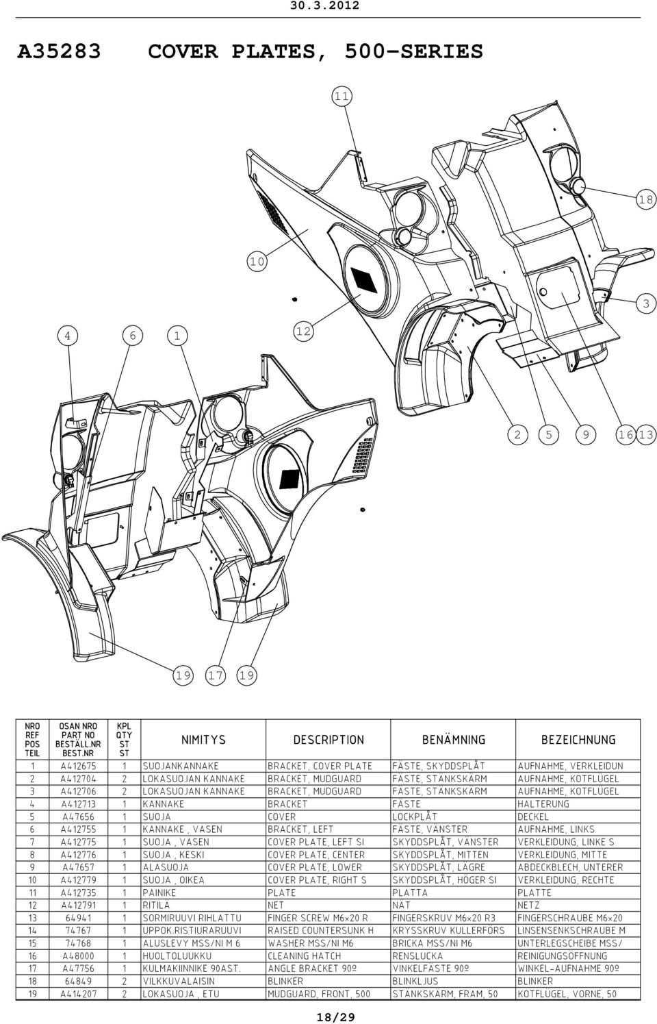 BRACKET, MUDGUARD FÄE, ÄNKSKÄRM AUFNAHME, KOTFLÜGEL A1271 1 KANNAKE BRACKET FÄE HALTERUNG 5 A7656 1 SUOJA COVER LOCÅT DECKEL 6 A12755 1 KANNAKE, VASEN BRACKET, LEFT FÄE, VÄNER AUFNAHME, LINKS 7