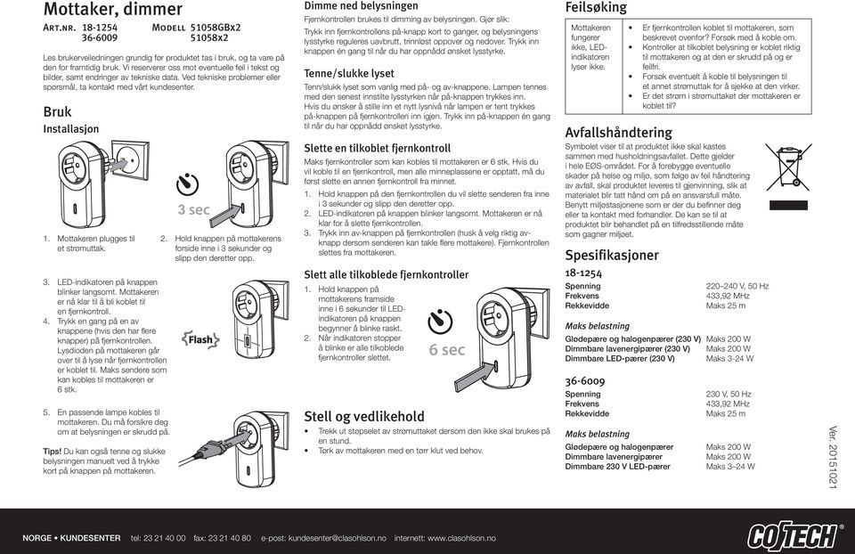 Dimmer Switch Receiver Art.no Model 51058GBx x2 - PDF Free Download
