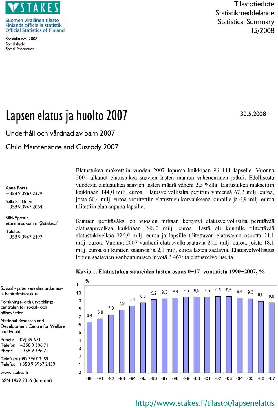 fi Telefax +358 9 3967 2497 Elatustukea maksettiin vuoden 2007 lopussa kaikkiaan 96 111 lapselle. Vuonna 2000 alkanut saavien lasten määrän väheneminen jatkui.