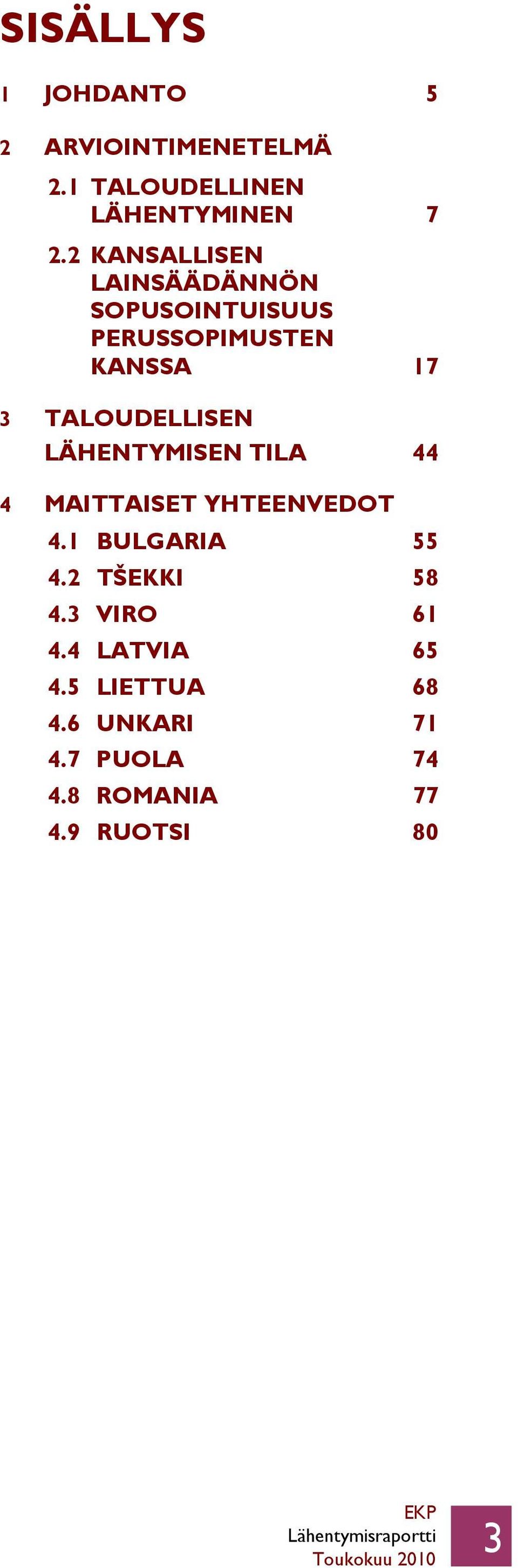 TALOUDELLISEN LÄHENTYMISEN TILA 44 4 MAITTAISET YHTEENVEDOT 4.1 BULGARIA 55 4.