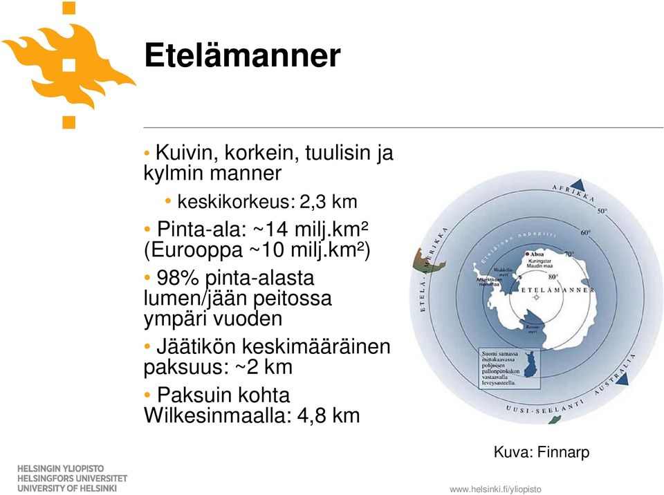 km²) 98% pinta-alasta lumen/jään peitossa ympäri vuoden Jäätikön
