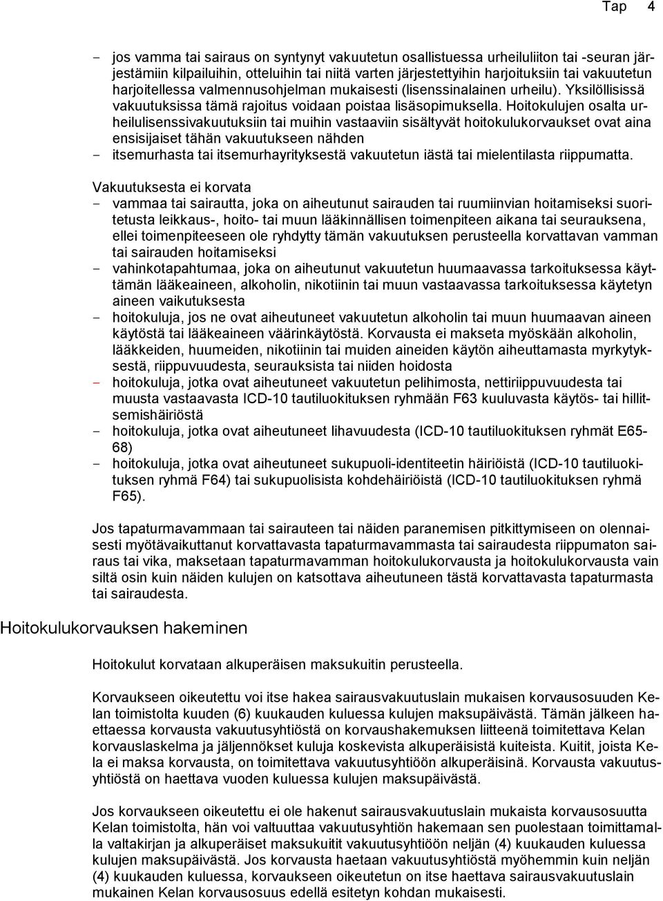 Hoitokulujen osalta urheilulisenssivakuutuksiin tai muihin vastaaviin sisältyvät hoitokulukorvaukset ovat aina ensisijaiset tähän vakuutukseen nähden itsemurhasta tai itsemurhayrityksestä vakuutetun