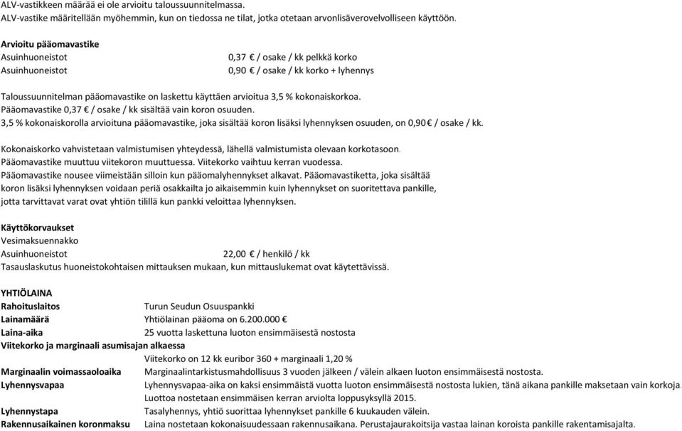 Pääomavastike 0,37 / osake / kk sisältää vain koron osuuden. 3,5 % kokonaiskorolla arvioituna pääomavastike, joka sisältää koron lisäksi lyhennyksen osuuden, on 0,90 / osake / kk.