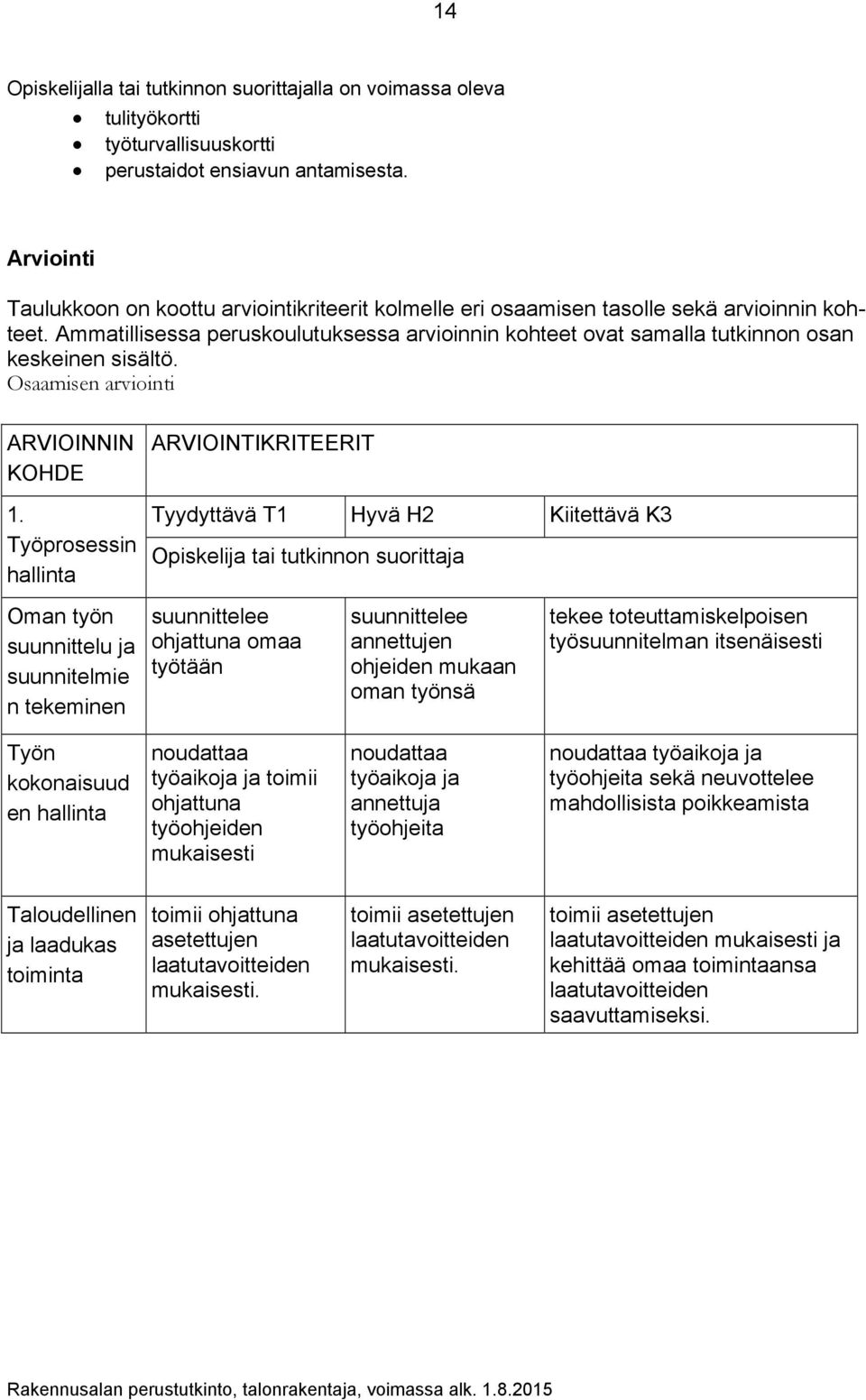 Ammatillisessa peruskoulutuksessa arvioinnin kohteet ovat samalla tutkinnon osan keskeinen sisältö. Osaamisen arviointi ARVIOINNIN KOHDE 1.