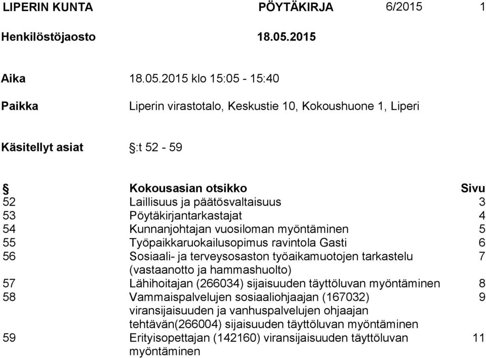 2015 klo 15:05-15:40 Paikka Liperin virastotalo, Keskustie 10, Kokoushuone 1, Liperi Käsitellyt asiat :t 52-59 Kokousasian otsikko Sivu 52 Laillisuus ja päätösvaltaisuus 3 53