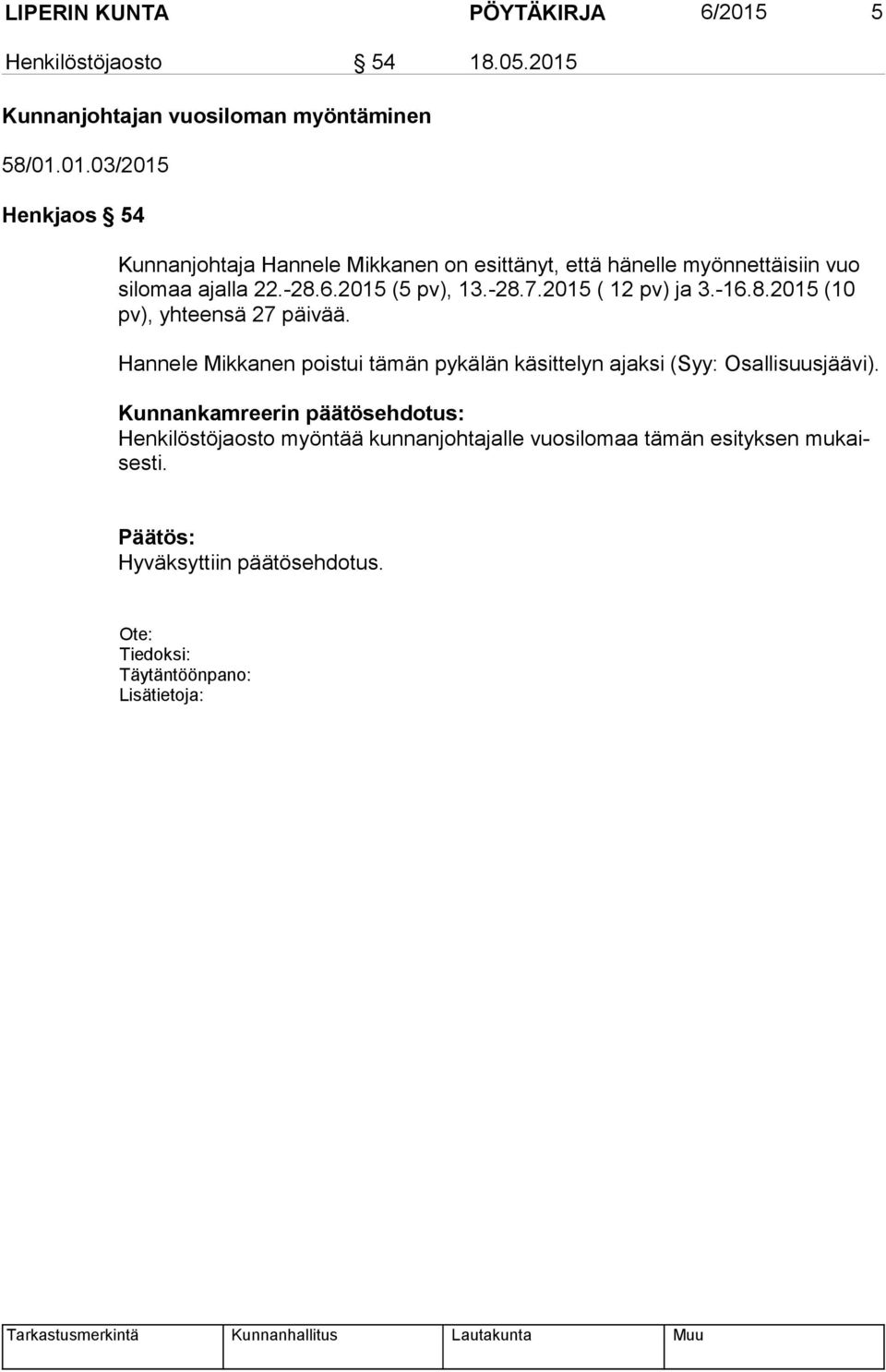 Kunnanjohtajan vuosiloman myöntäminen 58/01.