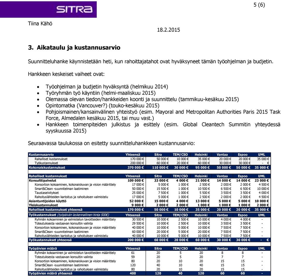 (tammikuu-kesäkuu 2015) Opintomatka (Vancouver?) (touko-kesäkuu 2015) Pohjoismainen/kansainvälinen yhteistyö (esim.