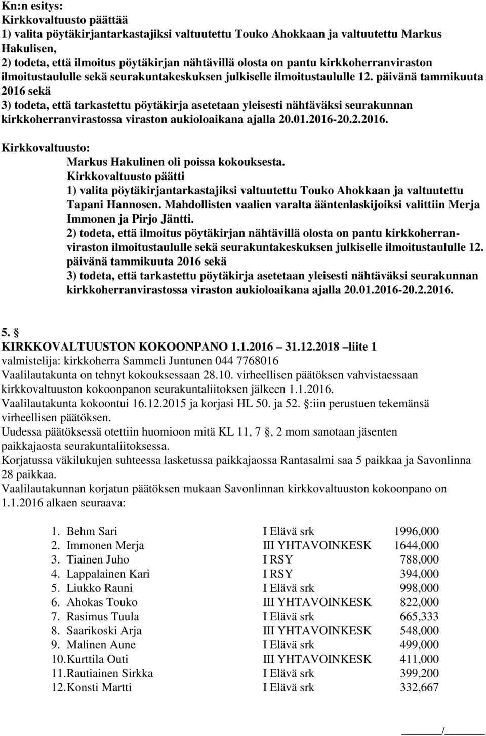 päivänä tammikuuta 2016 sekä 3) todeta, että tarkastettu pöytäkirja asetetaan yleisesti nähtäväksi seurakunnan kirkkoherranvirastossa viraston aukioloaikana ajalla 20.01.2016-20.2.2016. Markus Hakulinen oli poissa kokouksesta.