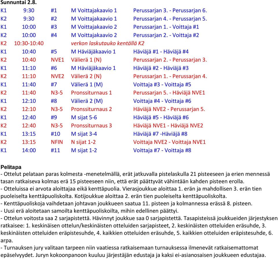 - Voittaja #2 K2 10:30-10:40 verkon laskutauko kentällä K2 K1 10:40 #5 M Häviäjäkaavio 1 Häviäjä #1 - Häviäjä #4 K2 10:40 NVE1 Välierä 1 (N) Perussarjan 2. - Perussarjan 3.