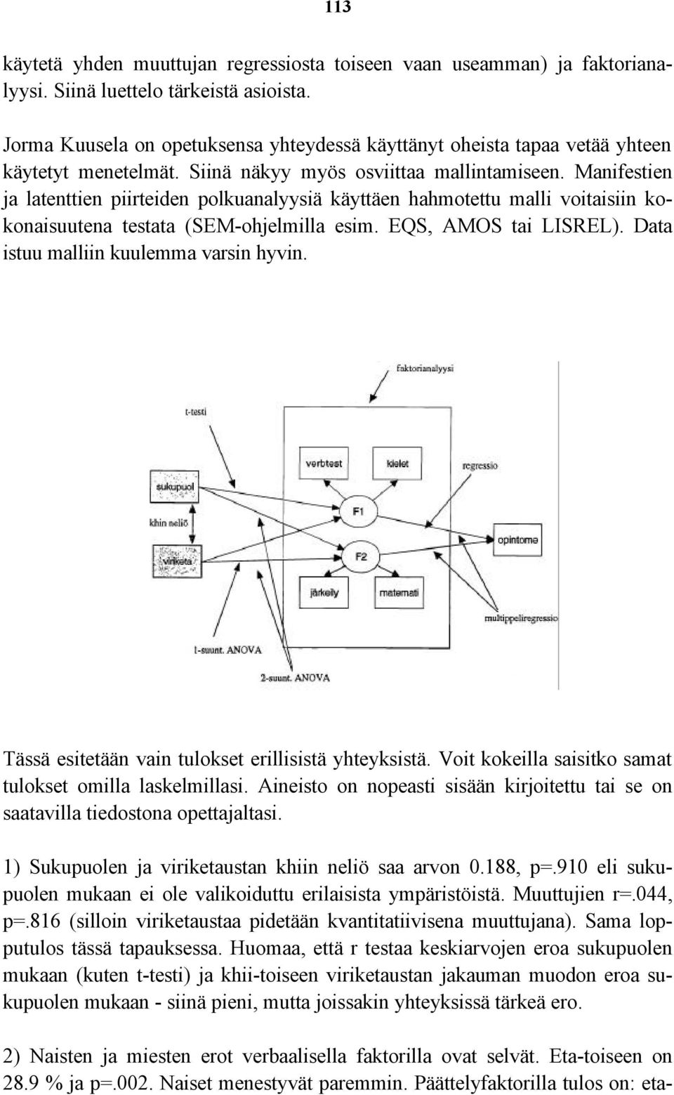 Manifestien ja latenttien piirteiden polkuanalyysiä käyttäen hahmotettu malli voitaisiin kokonaisuutena testata (SEM-ohjelmilla esim. EQS, AMOS tai LISREL). Data istuu malliin kuulemma varsin hyvin.