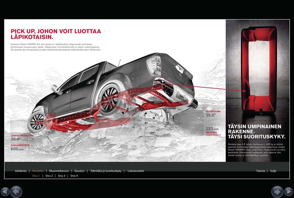6 LÄHESTYMISKULMA 30.4 KAHLUUSYVYYS 600 mm 223 mm MAAVARA (TAKA-AKSELI) TÄYSIN UMPINAINEN RAKENNE. TÄYSI SUORITUSKYKY. Vetokyky jopa 3,5 tonnia, kantavuus n.