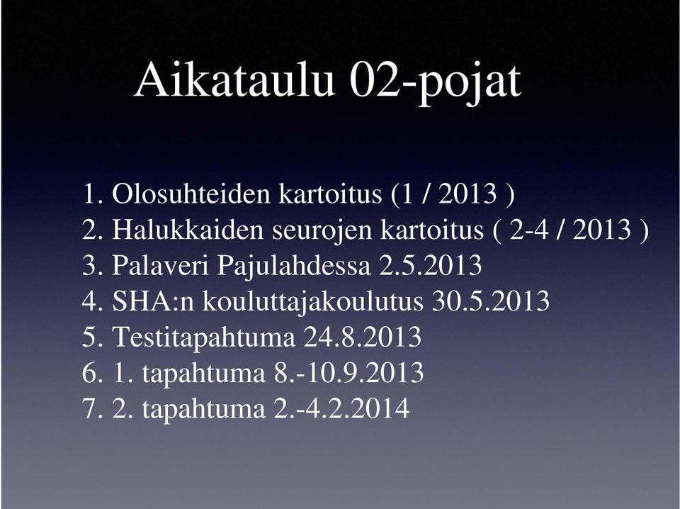 Palaveri Pajulahdessa 2.5.2013 4. SHA:n kouluttajakoulutus 30.5.2013 5.