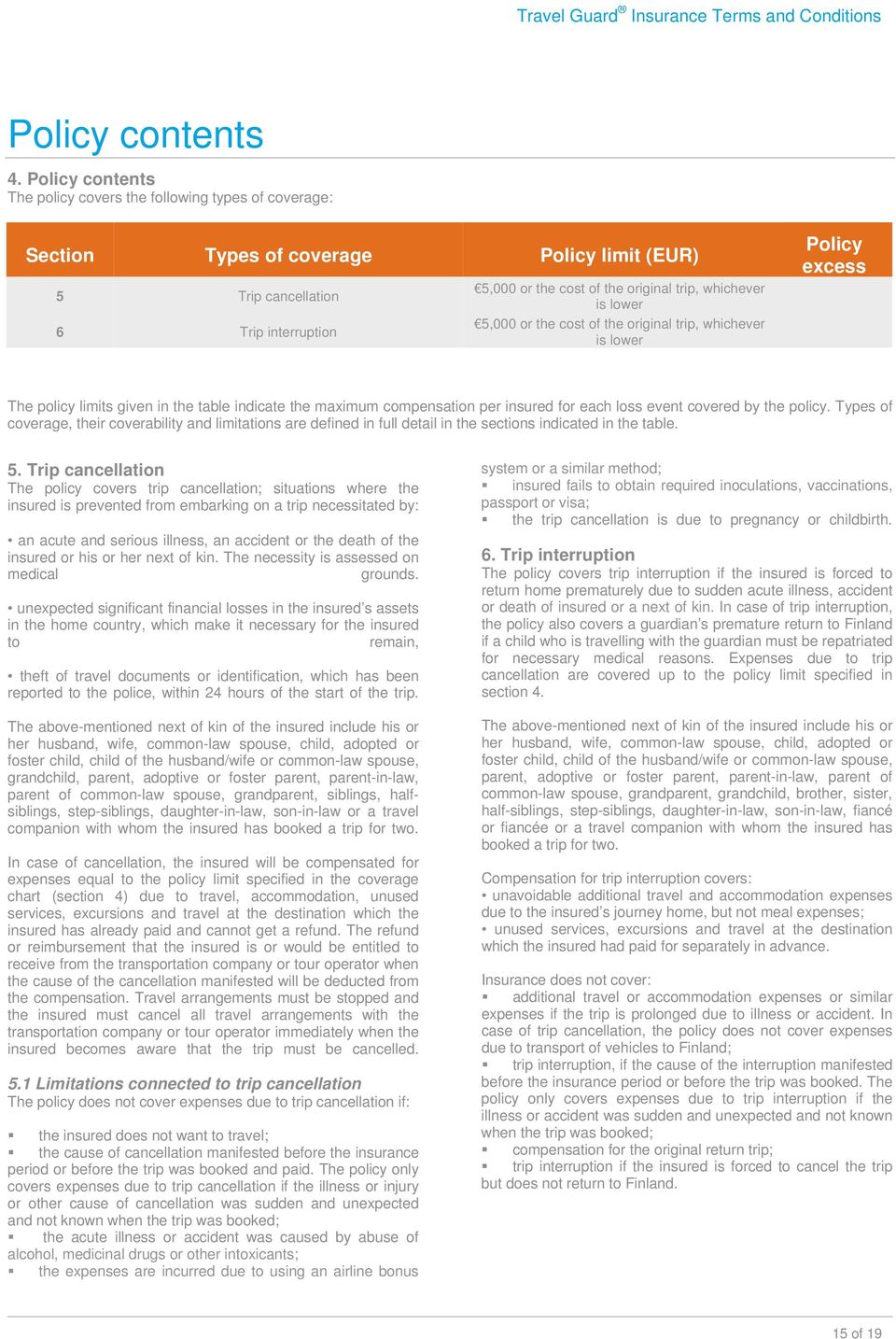 whichever is lower 5,000 or the cost of the original trip, whichever is lower Policy excess The policy limits given in the table indicate the maximum compensation per insured for each loss event