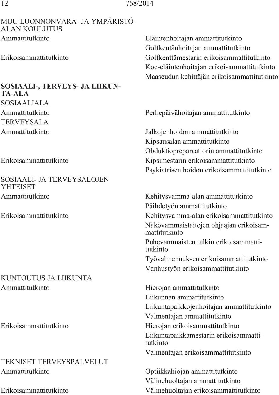 erikoisammattitutkinto Perhepäivähoitajan ammattitutkinto Jalkojenhoidon ammattitutkinto Kipsausalan ammattitutkinto Obduktiopreparaattorin ammattitutkinto Kipsimestarin erikoisammattitutkinto