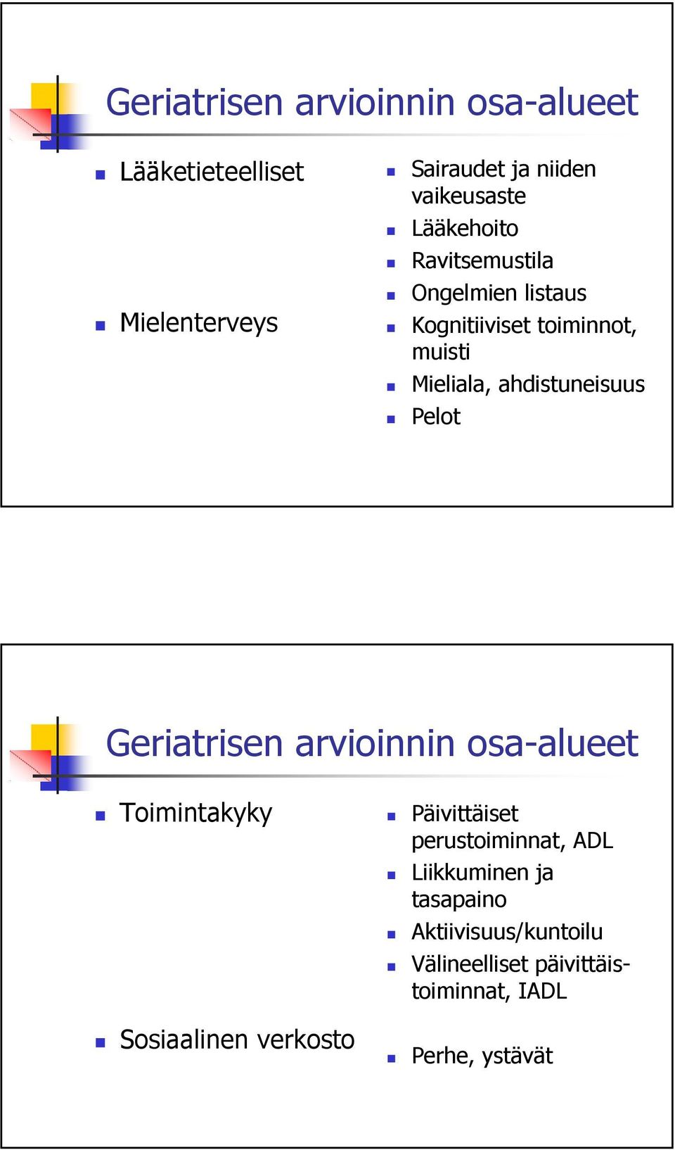 Pelot Geriatrisen arvioinnin osa-alueet Toimintakyky Sosiaalinen verkosto Päivittäiset