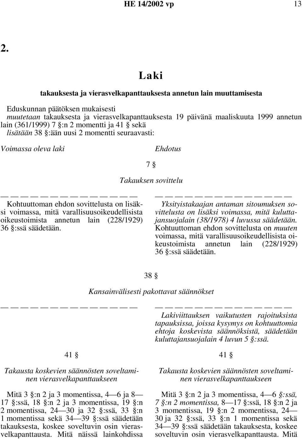 (361/1999) 7 :n 2 momentti ja 41 sekä lisätään 38 :ään uusi 2 momentti seuraavasti: Voimassa oleva laki Ehdotus 7 Takauksen sovittelu Kohtuuttoman ehdon sovittelusta on lisäksi voimassa, mitä