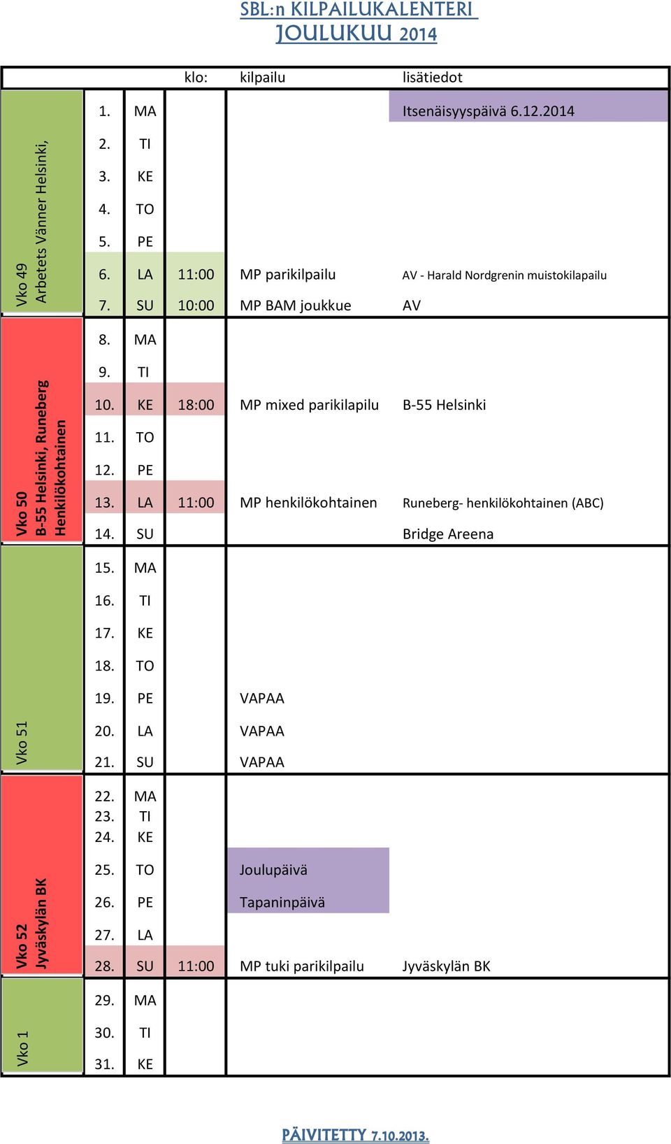 KE 18:00 MP mixed parikilapilu B-55 Helsinki 11. TO 12. PE 13. LA 11:00 MP henkilökohtainen Runeberg- henkilökohtainen (ABC) 14. SU Bridge Areena 15. MA 16. TI 17.