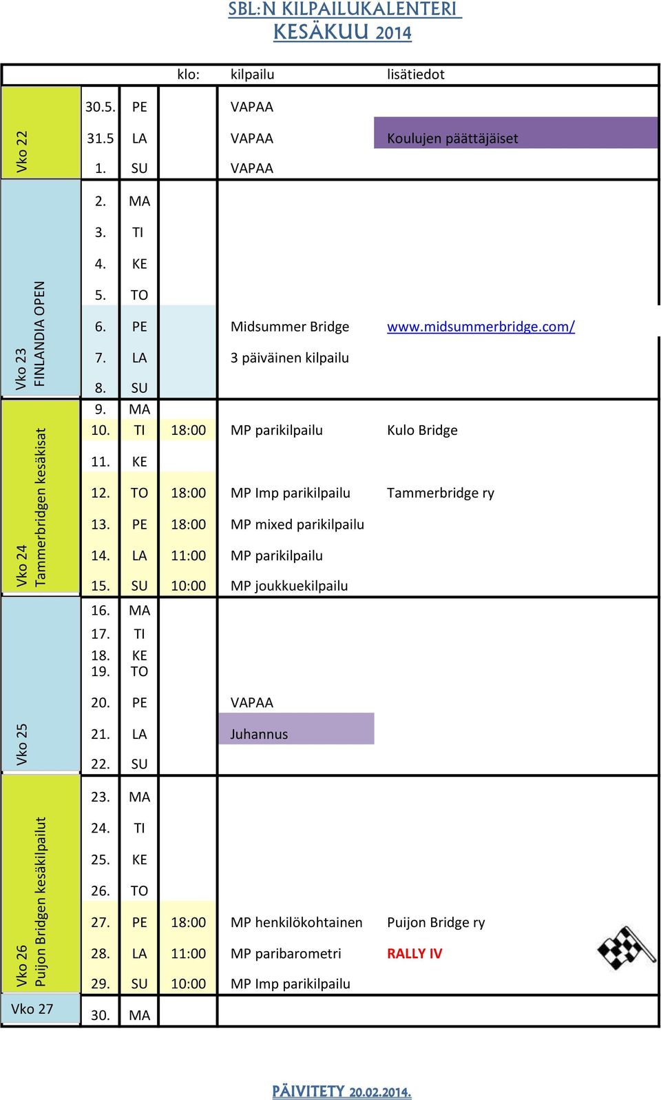 TI 18:00 MP parikilpailu Kulo Bridge 11. KE 12. TO 18:00 MP Imp parikilpailu Tammerbridge ry 13. PE 18:00 MP mixed parikilpailu 14. LA 11:00 MP parikilpailu 15.