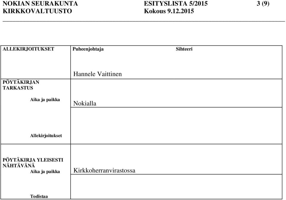 Hannele Vaittinen Nokialla Allekirjoitukset PÖYTÄKIRJA
