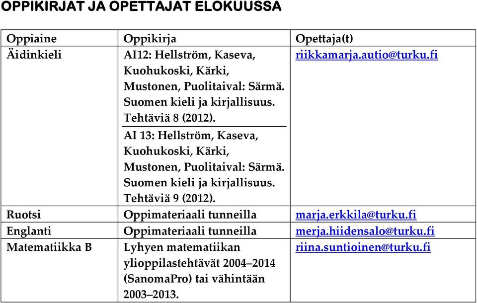 fi AI 13: Hellström, Kaseva, Kuohukoski, Kärki, Mustonen, Puolitaival: Särmä. Suomen kieli ja kirjallisuus. Tehtäviä 9 (2012).