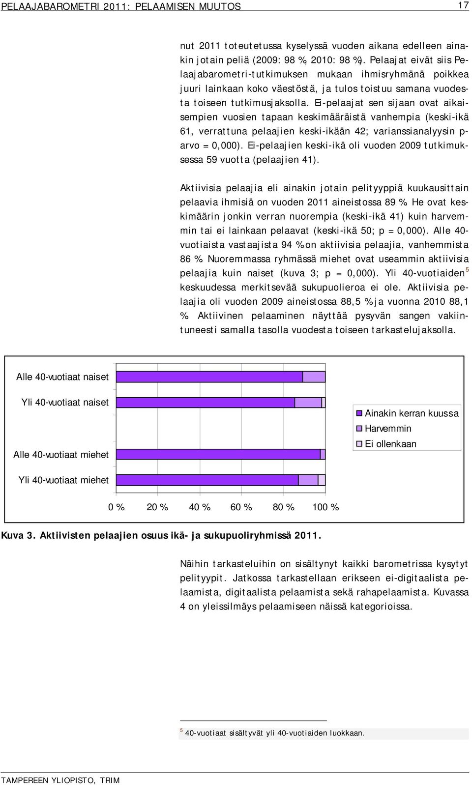 Ei-pelaajat sen sijaan ovat aikaisempien vuosien tapaan keskimääräistä vanhempia (keski-ikä 61, verrattuna pelaajien keski-ikään 42; varianssianalyysin p- arvo = 0,000).