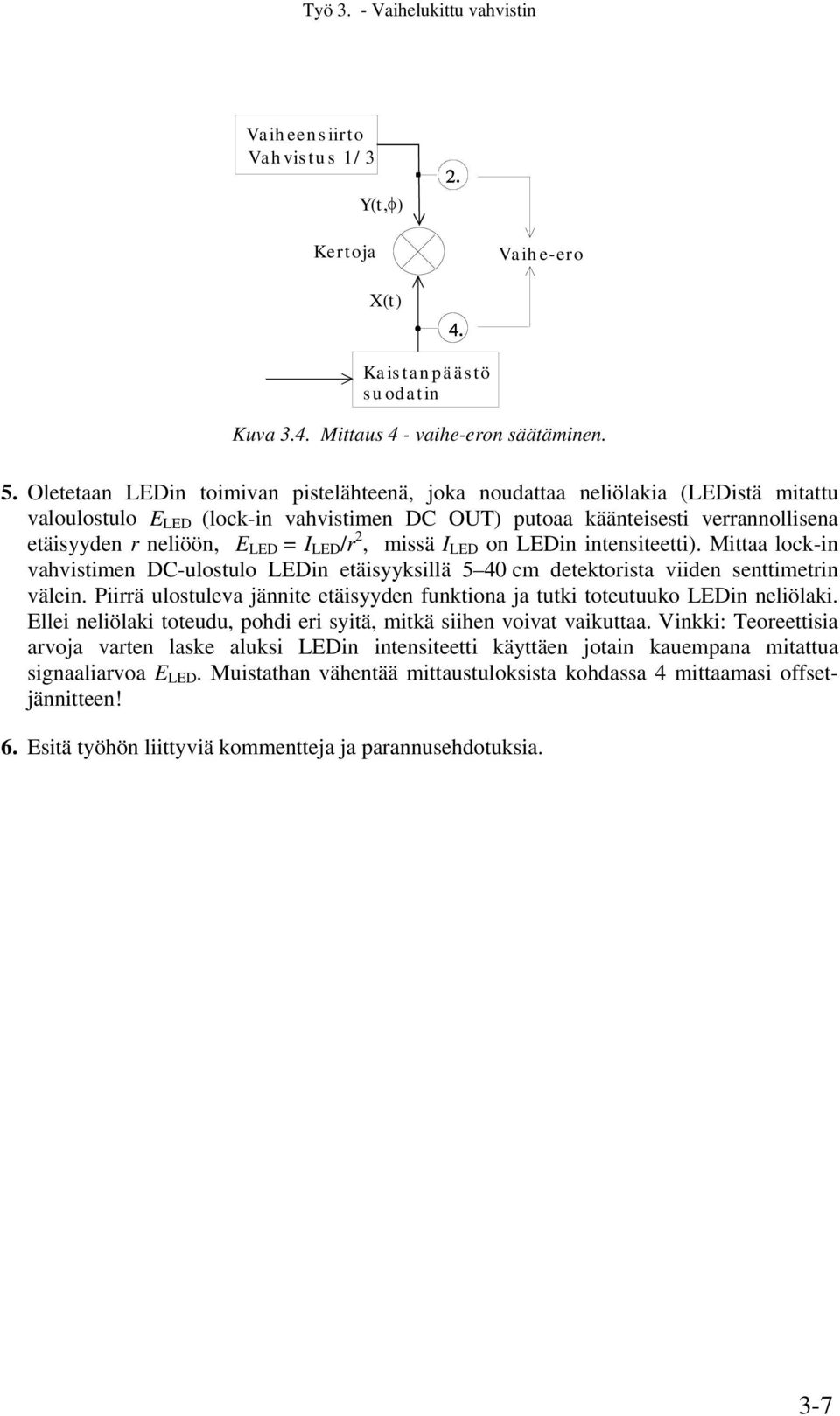 LED /r 2, missä I LED on LEDin intensiteetti). Mittaa lock-in vahvistimen DC-ulostulo LEDin etäisyyksillä 5 40 cm detektorista viiden senttimetrin välein.
